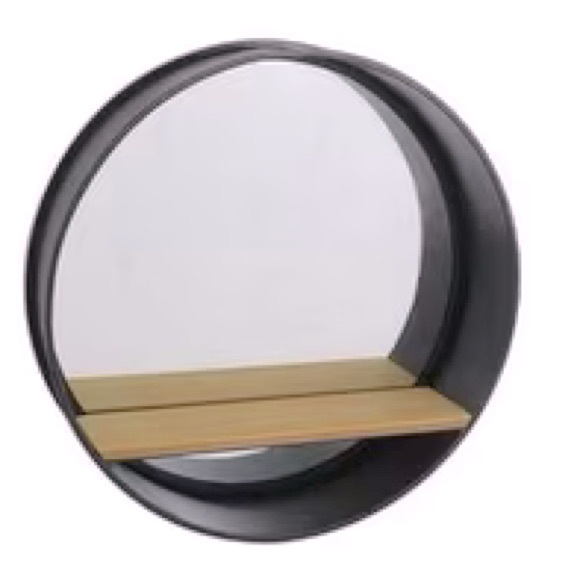 18” Black Metal Mirror with Wooden Shelf - Picture 1 of 3